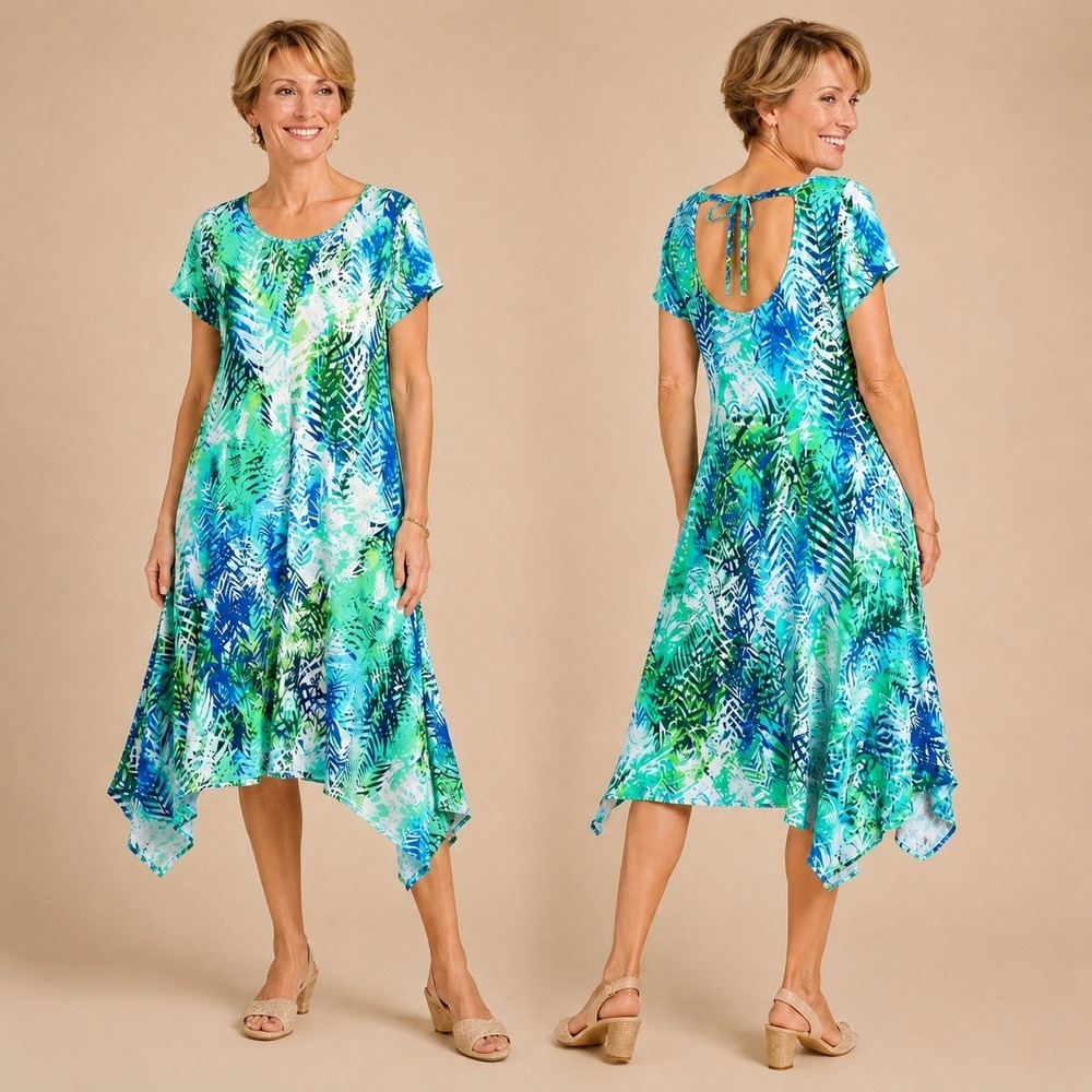 Chico's Womens Tropical Palm Print Handkerchief‎ Hem Dress 2/L/12 Blue Green